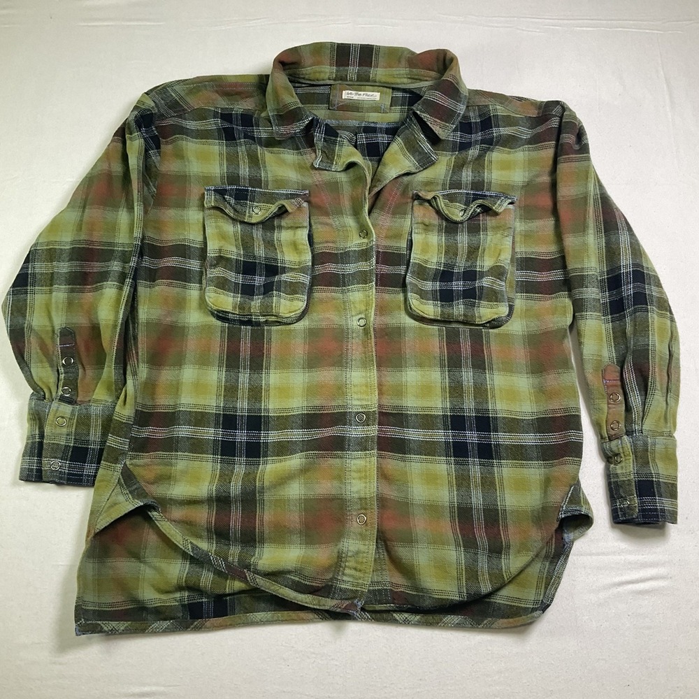 We The Free Free People Plaid Flannel Shirt Green Orange Oversized Medium 611
